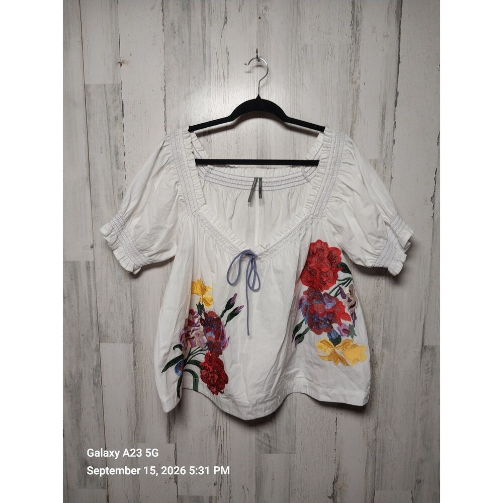 Anthropologie Puff-Sleeve Tie-Front Embroidered Blouse Boho Peasant